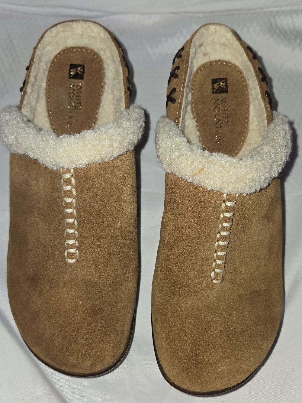 Brown Suede White Mountain mule slippers with white fleece SZ 7